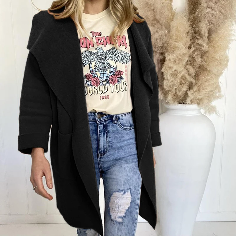 

Autumn Winter Lapel Collar Coat Tops Women Fashion Solid Loose Long Cardigan Outwear Lady Casual Long Sleeve Overcoat Streetwear