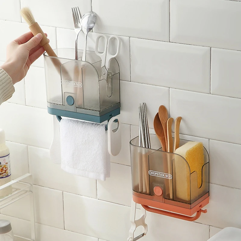 

Wall-Mounted Chopstick Holder Kitchen Multi-Function Shelf Free Perforated Chopstick Cage Chopstick Storage Box