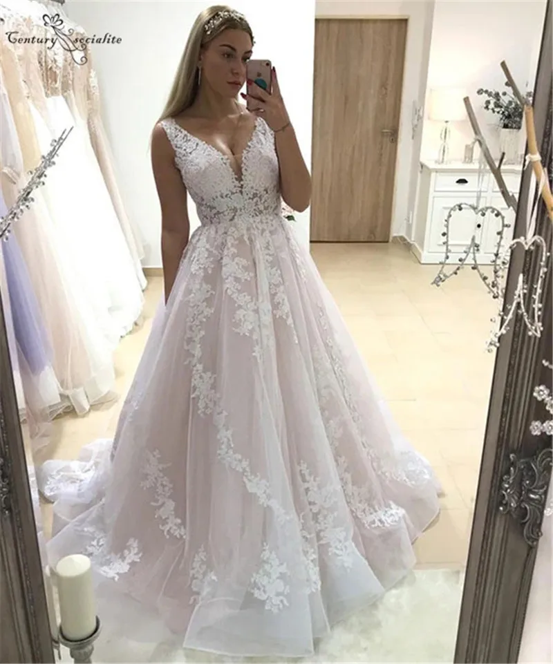 

Gorgeous 2020 Wedding Dresses Lace Appliques Open Back A-Line Illusion Bridal Gowns Bride Dress Vestido De Noiva Robe De Mariee