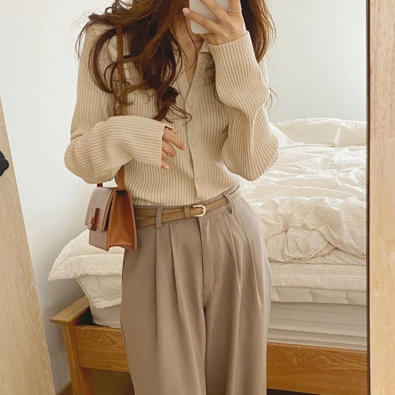 

Korean Autumn Casual Knitted Sweater Women Fashion V Neck Long Sleeve Knit Cardigan Mujer Blusa De Frio Feminina
