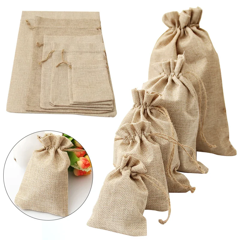 

10pcs Natural Burlap Linen Jute Drawstring Gift Bags Sacks Party Favors Packaging Bag Wedding Candy Gift Bags Party Supplies