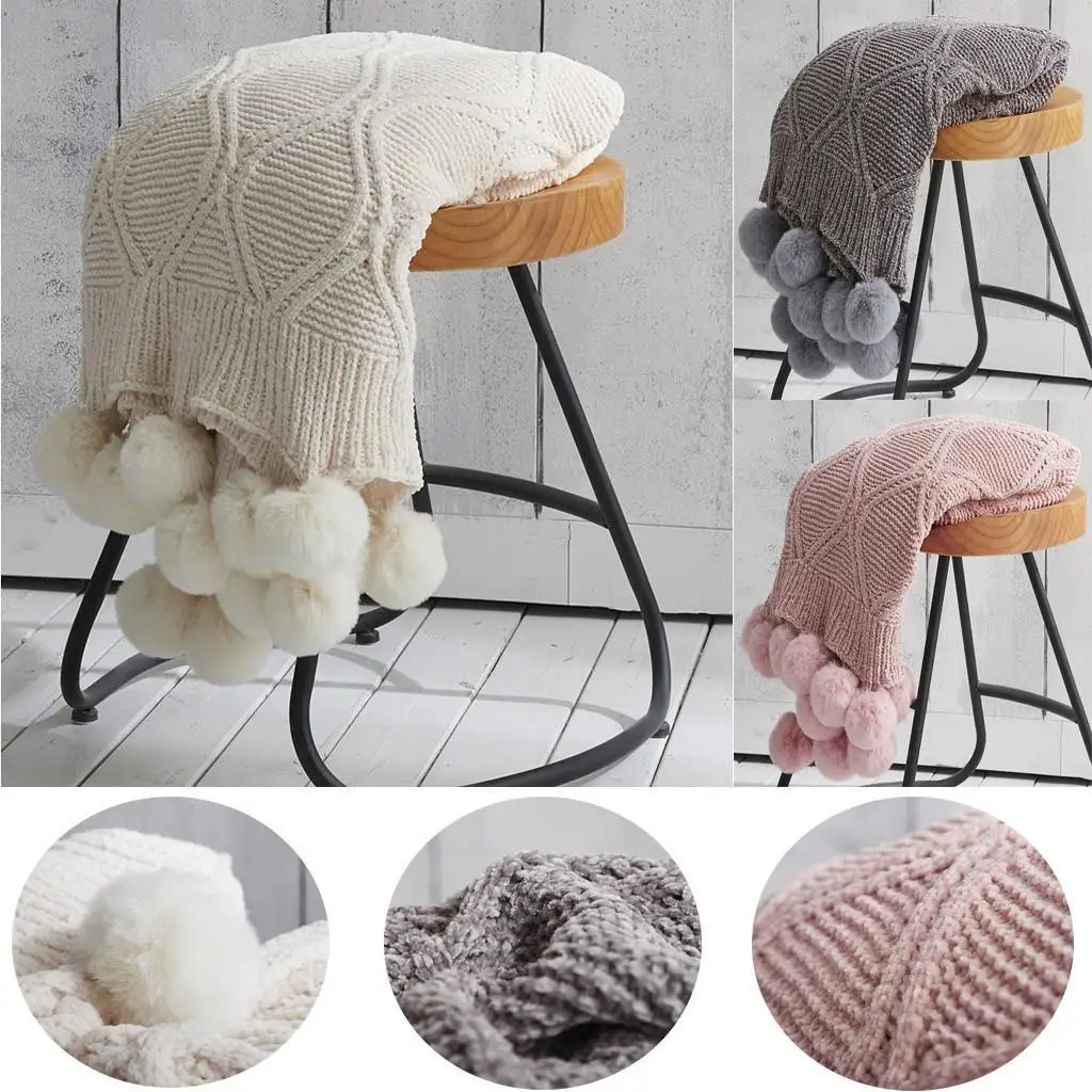 

56 hot Pom Pom Throw Blanket Knit Throw Blankets with Pompom Fringe Soft Plush DropshippingHome Selling Accessories