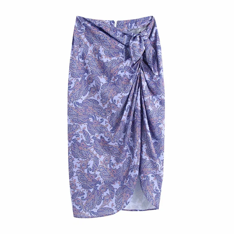 

Women Vintage Cashew Nuts Print Hem Irregular Sarong Skirt Bowknot Back Zipper Casual