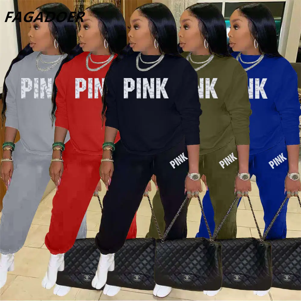 

Осенне-зимние повседневные спортивные костюмы FAGADOER, Женский пуловер с круглым вырезом и спортивные штаны, наряды с розовым леопардовым при...