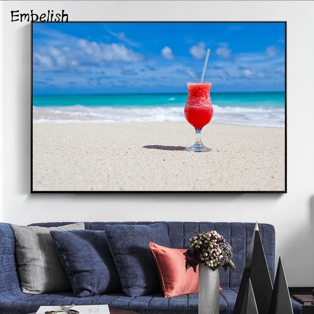 

1 Pieces Drink On Beach Landscape Wall Art Posters For Kitchen Home Decor HD Spray On Canvas Oil Paintings For Living Room