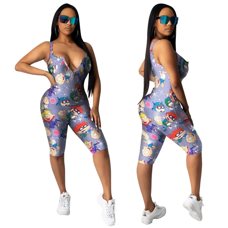 

2020 New Women Playsuits Sexy Skinny V Neck Strapless Zipper Cartoon Printing Jumpsuits