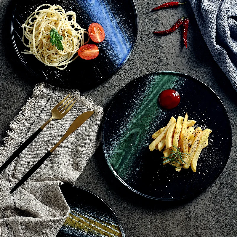 

Nordic Ice Crack Glazed Round Ceramic Plate Western Porcelain Flat Dinner Plate Steak Pasta Tray Snack Dishes Plate Tableware