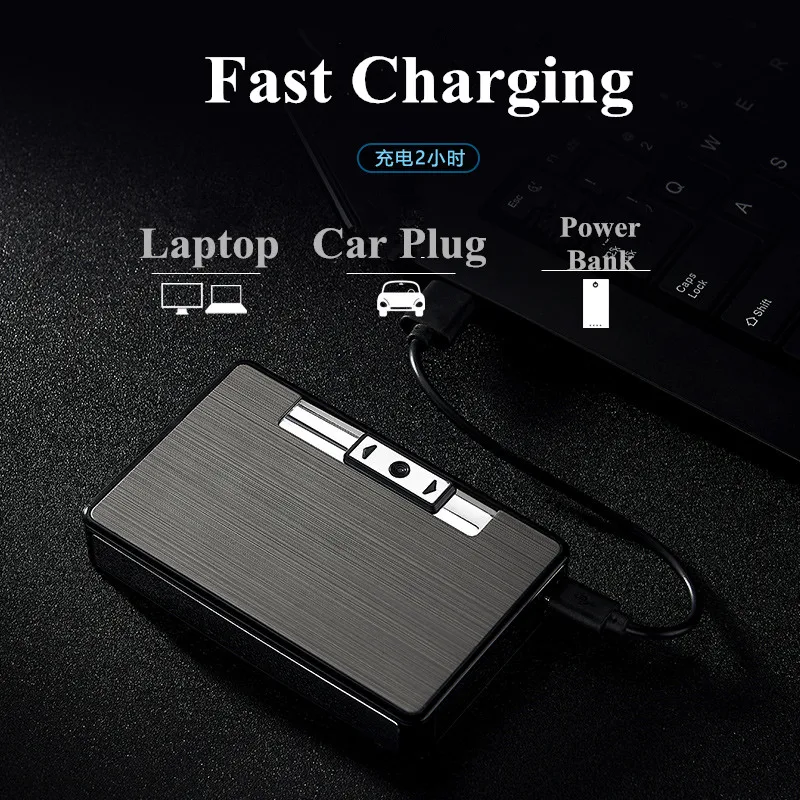 Waterproof Metal Cigarette Case with Lighter USB Plasma Arc Lighter Automatic Tobacco Box Holder Windproof Turbo Coil Lighters