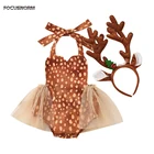 Комбинезон FOCUSNORM для девочек на Хэллоуин, повязка на голову, без рукавов, с мультяшным принтом, кружевные оборки, головной убор с оленем