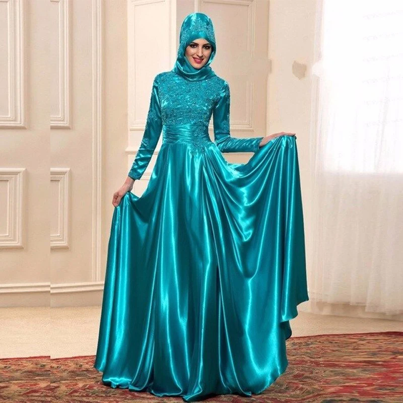 

Long Elegant Muslim Long Sleeve Evening Dresses 2019 Vintage Plus Size Muslim Lace Applique Moroccan Kaftan Formal Party Gown