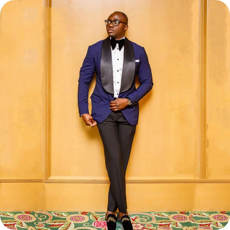 Новейший дизайн пальто и брюк ярко синий цвет черный широкая шаль лацкан смокинг