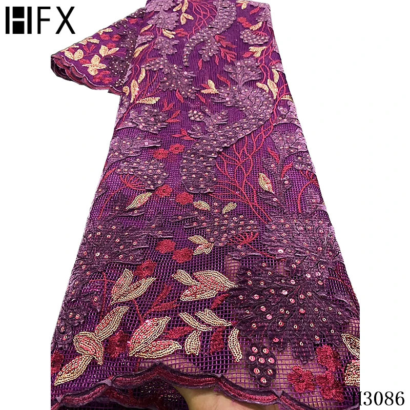 

HFX African fashion wedding lace 2020 high quality purple embroidery nigeria sequin dress cord lace fabric X3086