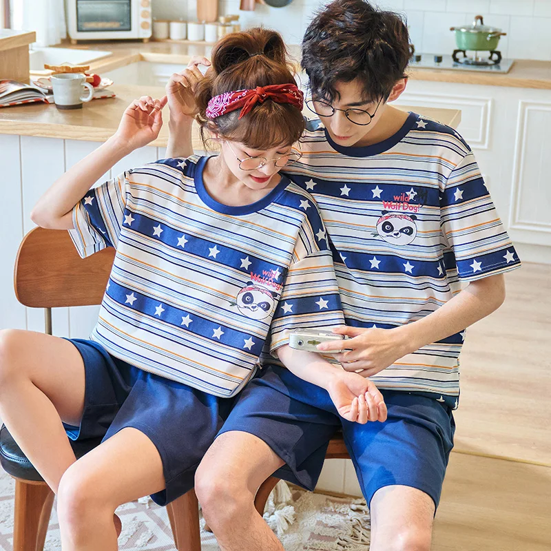 

O-Neck Cartoon Panda Cute Women Sleepwear Summer New Fashion Blue Stripe Couple Pajamas Set Cotton Short Sleeve Lovers Nightwear