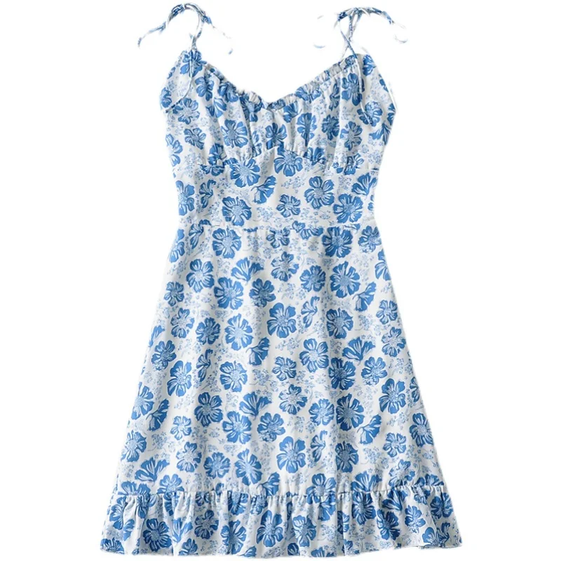

French Retro Sexy V-neck Summer Short Skirt Flower Print Slim Fit Tied Suspender Skirt Travel Holiday Dress