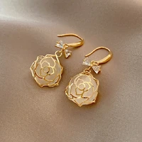 new temperament rose flower opal high sense bow elegant sweet personalized design creativity earrings female suitable for party