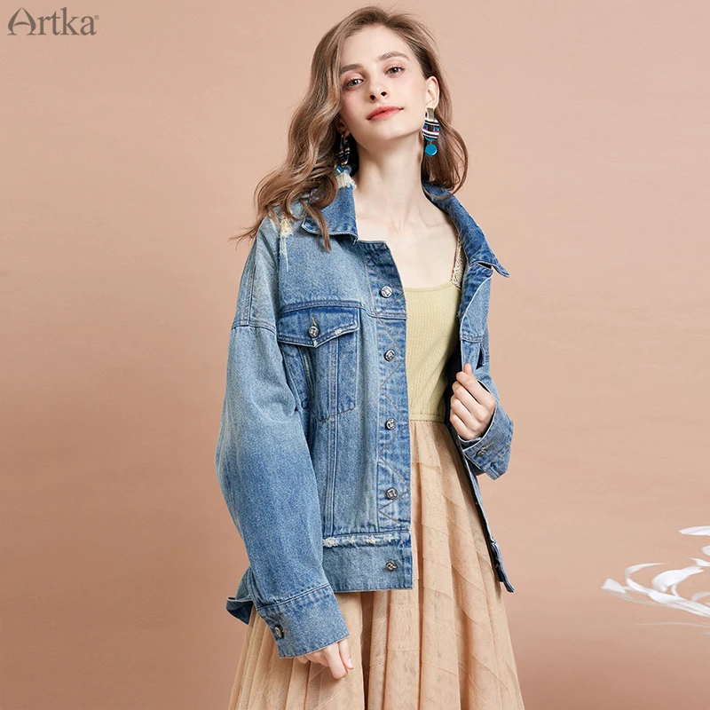 ARTKA/ Осенняя Новая женская модная джинсовая куртка с буквенным принтом, куртка в уличном стиле, джинсовые куртки женские, WN10094Q