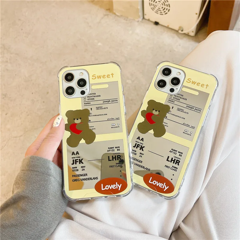 

Cartoon Air tickets Bear Mirror TPU Case For iphone XS MAX XR 12 11Pro MAX Shockproof Cover For iphone 7 8 plus 11 PRO Shell