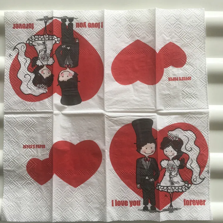 21cm tissue napkins paper decoupage print red heart bride groom love for ever handkerchief wedding serviette party towel 5 packs