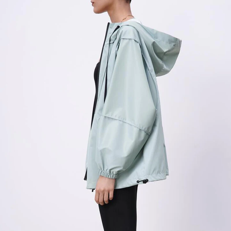 

2021 Spring Autumn Women Fashion vintage Waterproof Jacket Coat Casual Pockets Zipper Thin Hooded Outwear Tops Female Mujer