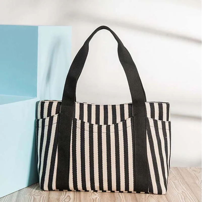 

Fashion Simple Striped Canvas Bag Women'S Shoulder Bag Young Mommy Go Outing Carrying Handbags Large Capacity Female Tote Bag
