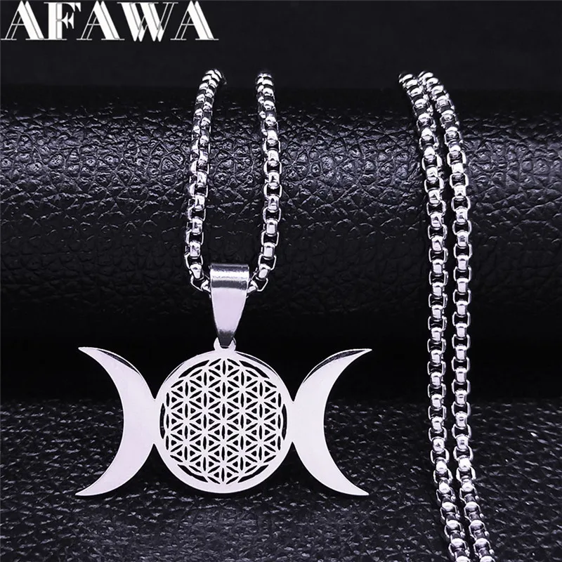 

Witchcraft Triple Moon Goddess Flower of Life Stainless Steel Chain Necklaces Women/Men Necklace Jewelry bijoux homme N4351S02