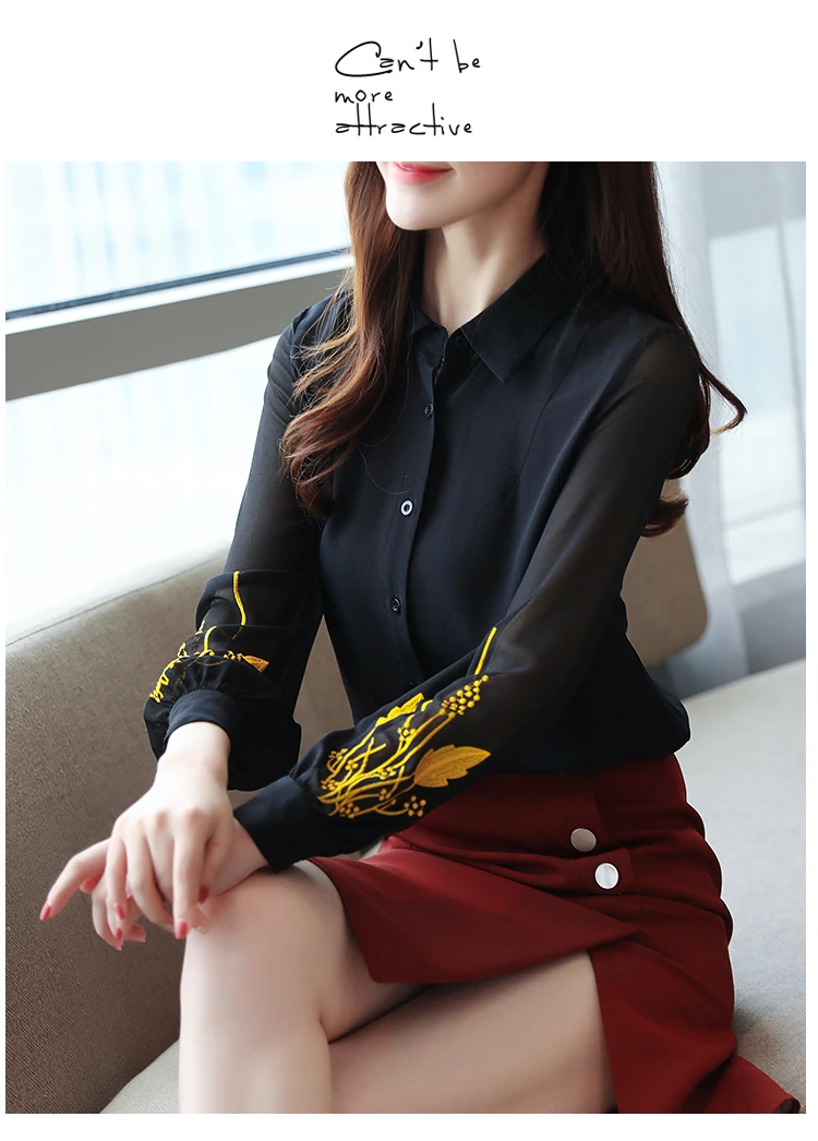 Blusas mujer de moda, шифоновая блузка на черной пуговице, однотонная блуза, женские топы с цветочной вышивкой в стиле Харадзюку, 0186