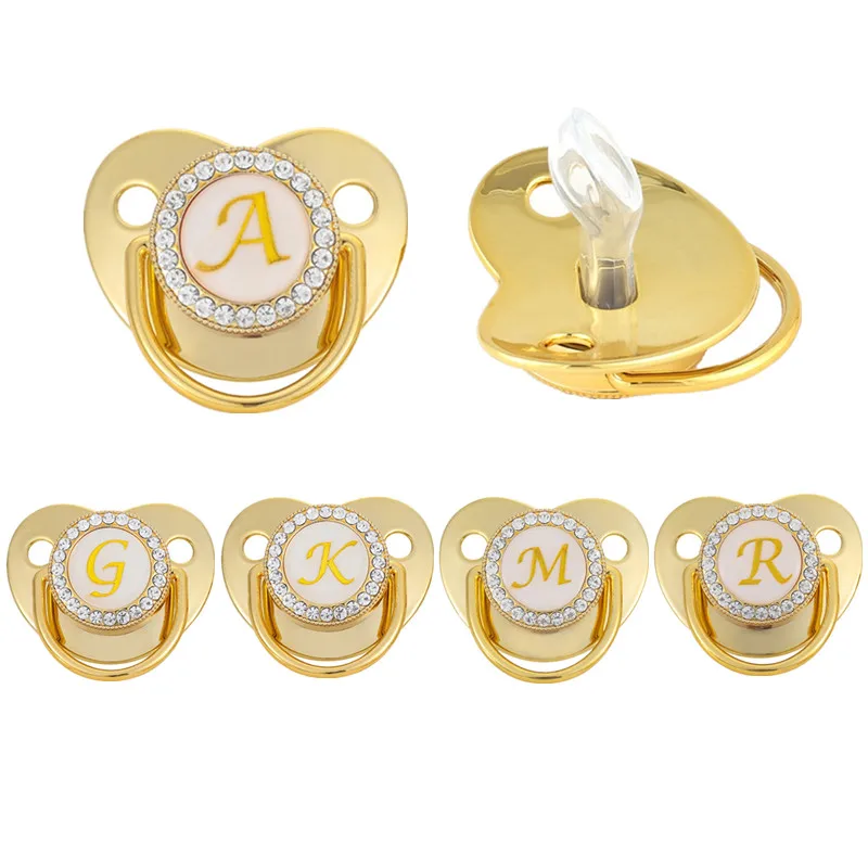 

BPA Free Baby Pacifier 26 Letter Initials Golden Shiny Rhinestones Luxury Pacifier Silicone Nipple For 6-18M Newborn Baby Shower