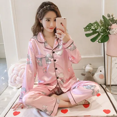 pyjamas women Большой размер 5XL женский атласный Шелковый пижамный комплект с длинным рукавом Цветочный комплект из двух предметов сексуальная пижама Пижамный костюм Женская одежда для сна - Цвет: pyjamas women