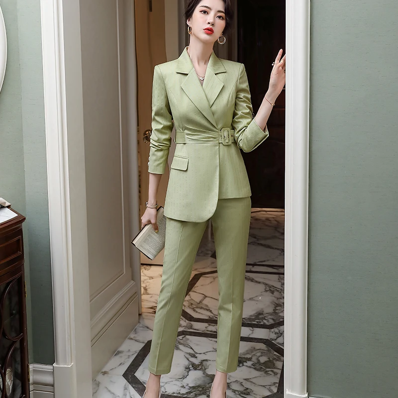 

Lenshin Striped Pant Suit 2 Piece Suit Set for Women Fashion Blazer and Trouser with Belt Office Lady OL Style
