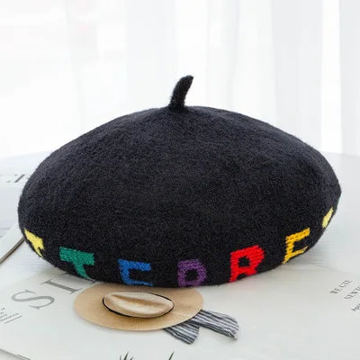 Женский берет зимняя вязаная Шапочка женский Мягкий берет шапка теплая Толстая теплая британская Грибная элегантная шляпа Chapeau Femme Новинка - Цвет: black