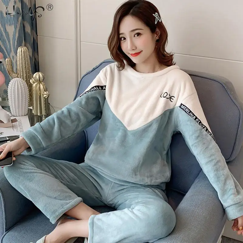 Winter Pajamas Set Women Sleepwear Warm Flannel Long Sleeves Pink Cute Animal Homewear Thick Home Suit Cartoon Pyjamas | Женская одежда