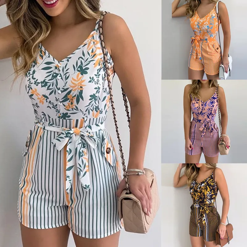 

2021 NEW Women's Summer Print Jumpsuit Casual Slim Short Sleeve V-Neck Beach Rompers Sleeveless Bodycon Sexy Playsuit