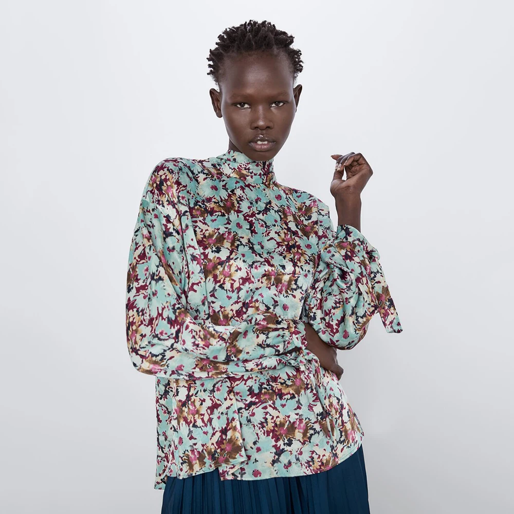 Новинка ZA рубашка с цветочным принтом женская модная Повседневная бантом и