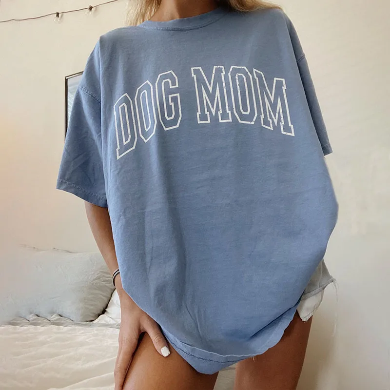 

Blue Letter Print O Neck Plus Size Loose T Shirt Vintage Casual Elegance Harajuku Short Sleeve Fashion Tops New Summer 2021