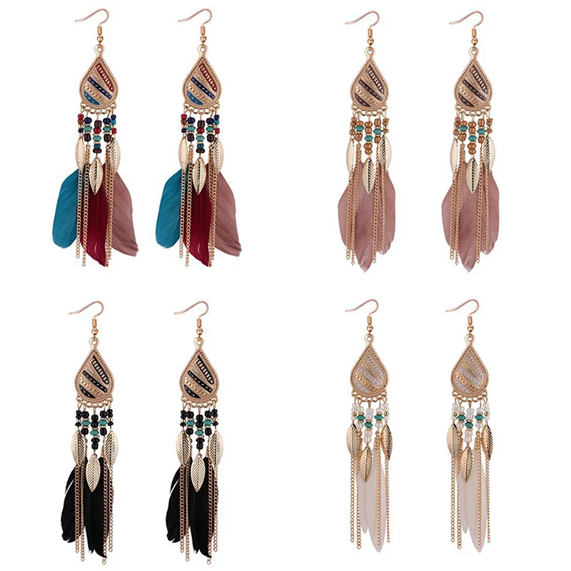 Женские длинные серьги кисточки с перьями для женщин крошечные бусины листья
