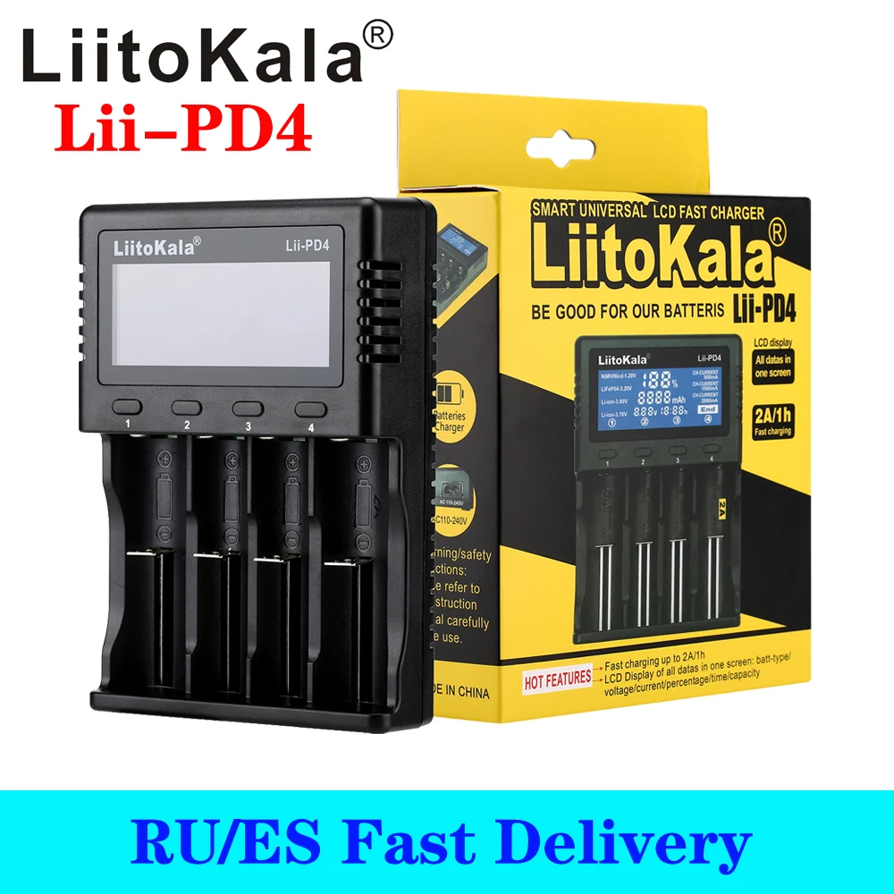

Зарядное устройство LiitoKala Lii-PD4, с ЖК-дисплеем, для батарей 18650, 26650, 21700, 18350, 3,7/3,2/1,5/1,2 В, AA, AAA, NiMh, литиевых