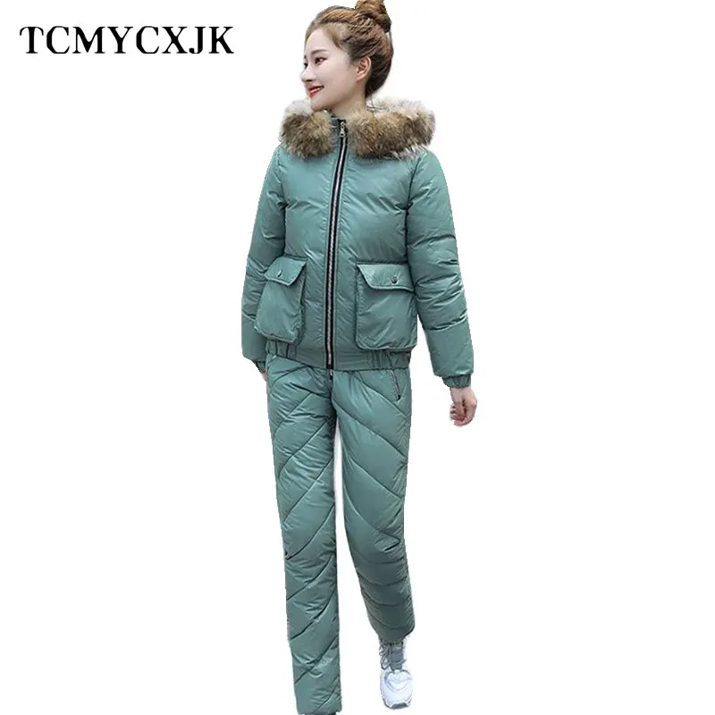 2022 Winter Hooded Real Fur Collar Two-piece Suit Jackets Women High Waist Zipper Plus Pants Casual Thick Warm Suit For Women