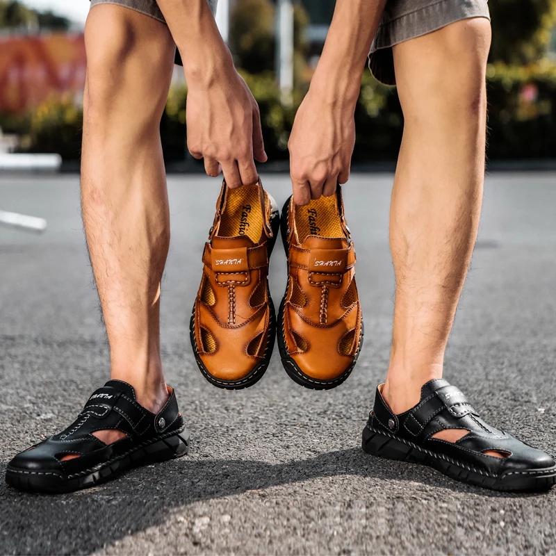 

New Summer Genuine Leather Men's Sandals Casual Outdoor Beach Sandals High Quality Men shoes Classic Roman Slippers Size 38-48