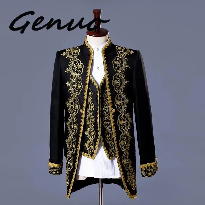 Mens Classic Gold Embroidery 3 Piece Suit (Jacket+Pants+Vest) Party Wed-ding Suits Men Singer Opera Stage Costume Homme XXL | Мужская
