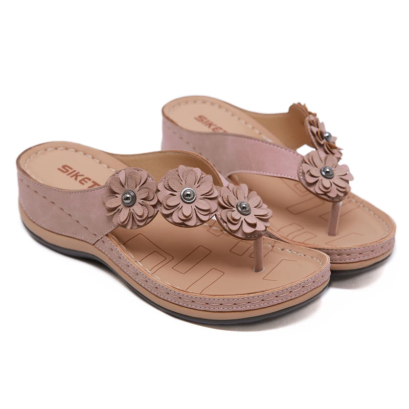 

Women's Sandals retro flower flip-flops Slippers female 2020 Summer female Flats outside lady casual slides femmes sandales