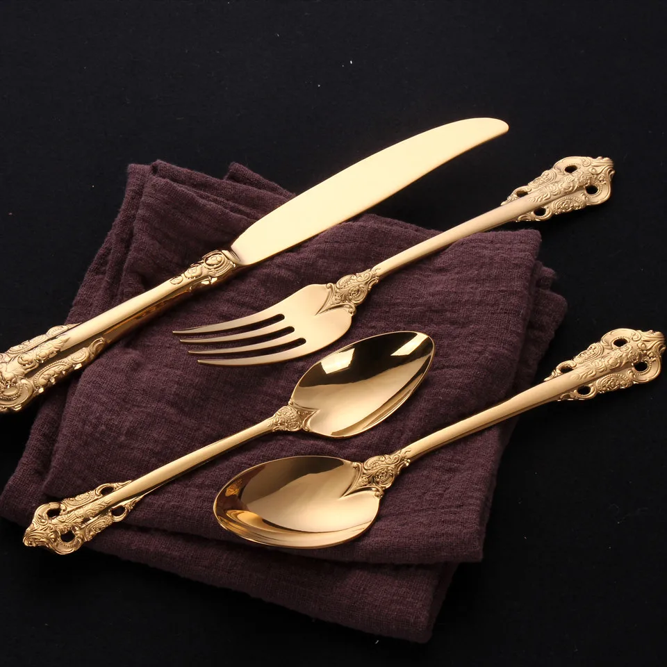 Золото Серебро столовая посуда набор столовых приборов вилки ножи ложки дворец