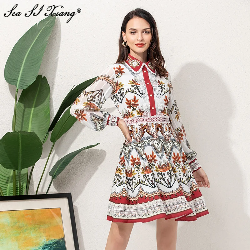 

Seasixiang Fashion Designer Summer Dress Women's Diamonds Turn-down Collar Lantern Sleeve Indie Folk Print Mini Dresses