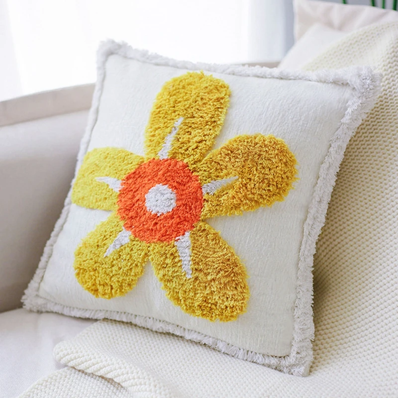 Cute Little Daisy Fluffy Sofa Pillowcase Nordic Style Geometric Flowers Pattern Decorative Pillows Case Waist Back Cushion Cover | Дом и сад