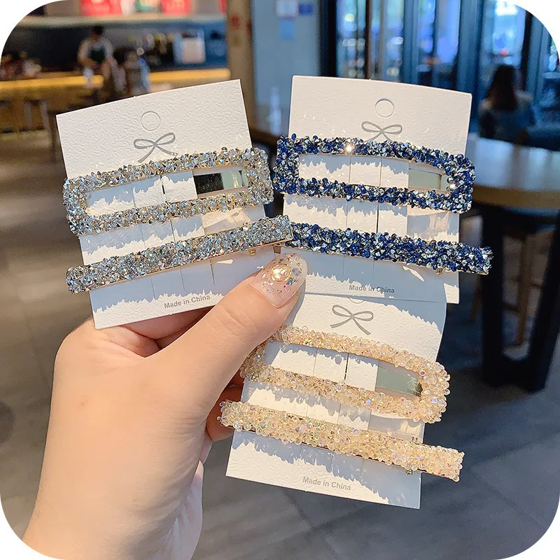 

2Pcs/Set Simple Shiny Rectangle Rhinestones Hair Clip Solid Color Hairpin Geometric Barrette Hair Accessories For Women Girls