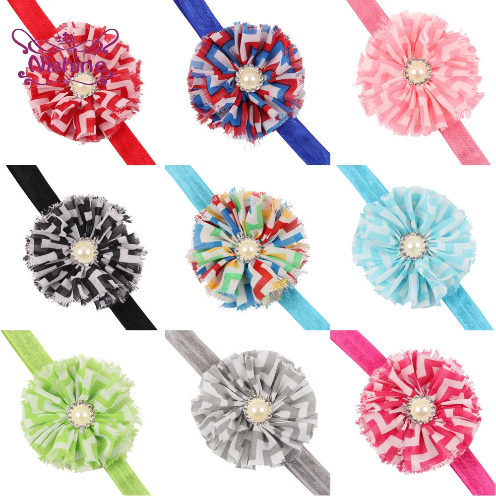 

Nishine 8 CM Wave Stripe Chiffon Flower Headband Boutique Pearl Rhinestone Floral Baby Girls Hairband Newborn Headwear 13 Colors