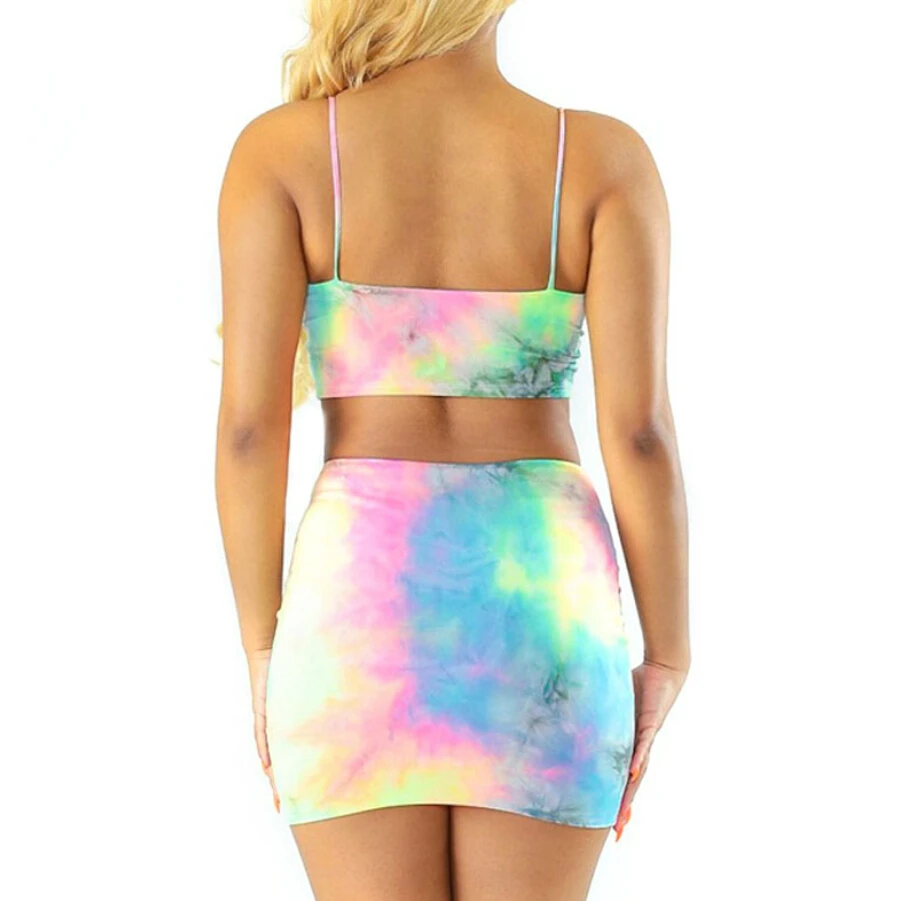 

2020 Hot Tie Dye Print Women Crop Top Short Skirt Two Piece Set Bodycon Party Mini Skirt Summer Fashion Clothes