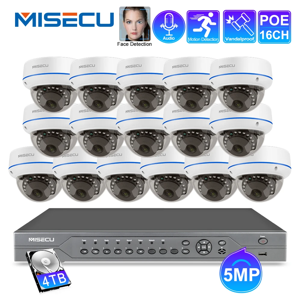 

MISECU H.265 16CH 5MP POE NVR Kit AI Camera Face Detect Audio Dome Indoor Waterproof Security IP Camera Video Surveillance set