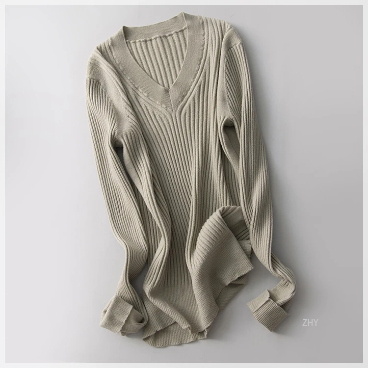 as photo Women Pullovers Wool knitted Sweaters V neck pullover Fall Winter Bottoming knit Natural Silk Basic Sweater - Цвет: as photo