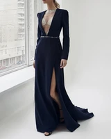 long sleeve robe de soiree muslim black evening dresses 2020 beading sequin split moroccan kaftan formal prom party gown