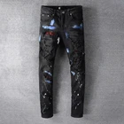 Уличные модные брендовые эластичные джинсы с черными отверстиями, красные бриллиантовые узкие брюки, мужские джинсы-ботинки, мужские джинсы